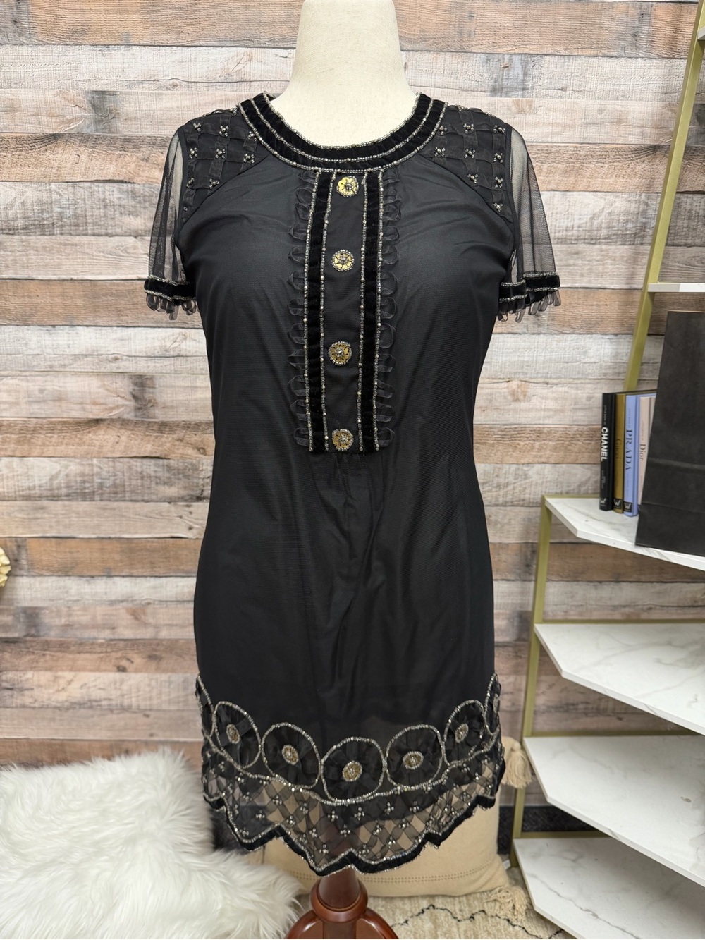 Anna Sui Black Short Sleeve Dress with Beaded